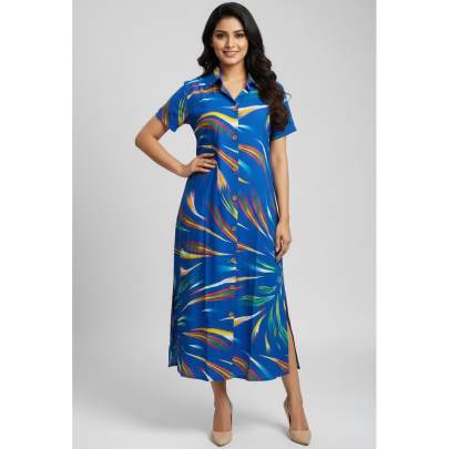 Blue Multicolor Abstract Print Button Down Long Dress