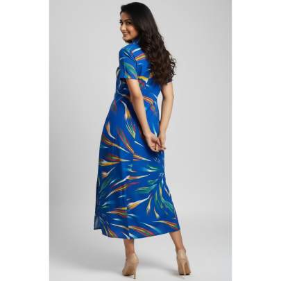 Blue Multicolor Abstract Print Button Down Long Dress