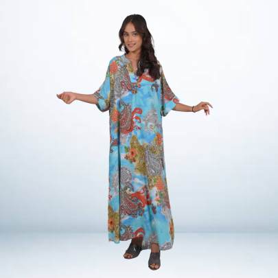 Blue Paisley Printed Long Kaftan Dress