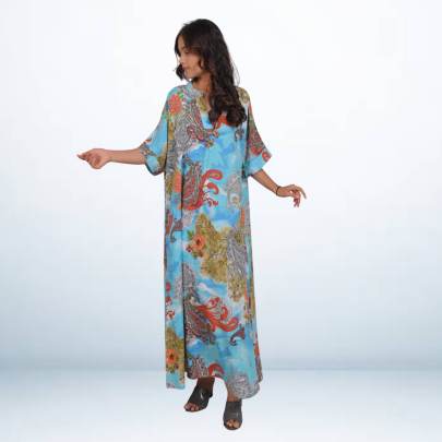 Blue Paisley Printed Long Kaftan Dress