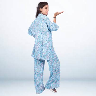 Blue Paisley Printed Shirt Pant Cord set