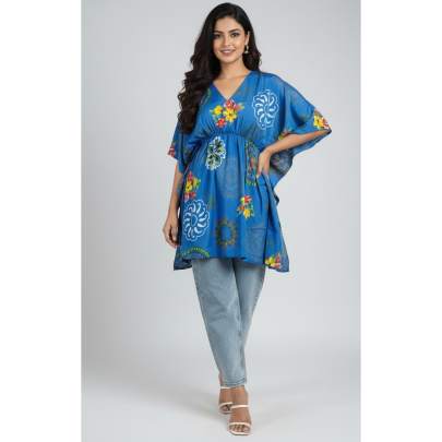 Blue Printed Gathered Kaftan Top