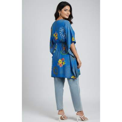 Blue Printed Gathered Kaftan Top