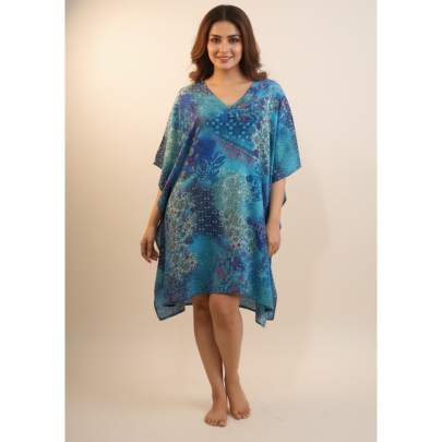 Blue Printed Short Kaftan Dress