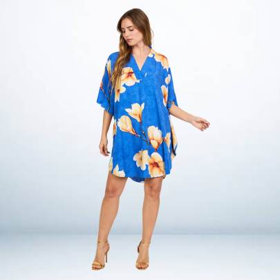 Blue Tropical Floral Printed Short Kaftan