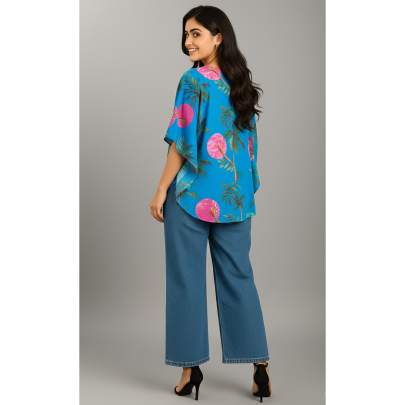 Blue Tropical Print Kaftan Top