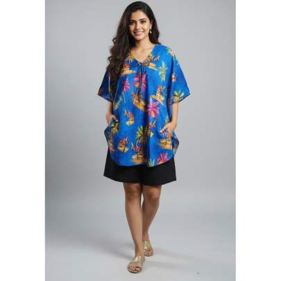 Blue Tropical Print Short Kaftan Top