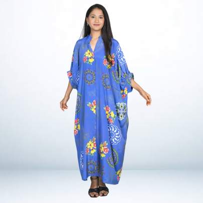 Blue Tropical Printed Long Kaftan Caftan