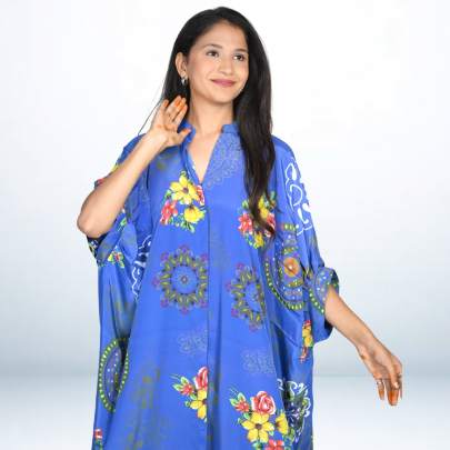 Blue Tropical Printed Long Kaftan Caftan