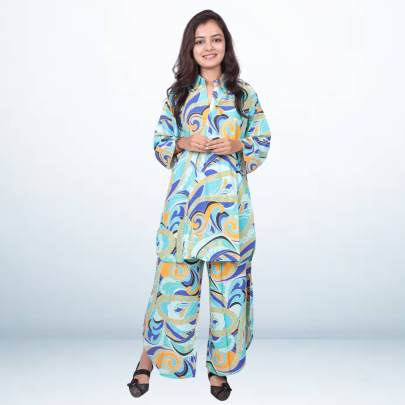 Blue   Yellow Printed Kurta Pant Co ord Set