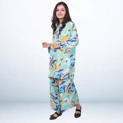 Blue   Yellow Printed Kurta Pant Co ord Set
