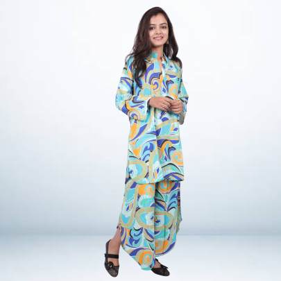 Blue   Yellow Printed Kurta Pant Co ord Set