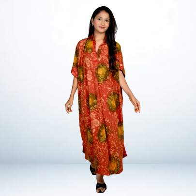 Brown Hand Spray Printed Long Free Size Kaftan Dress