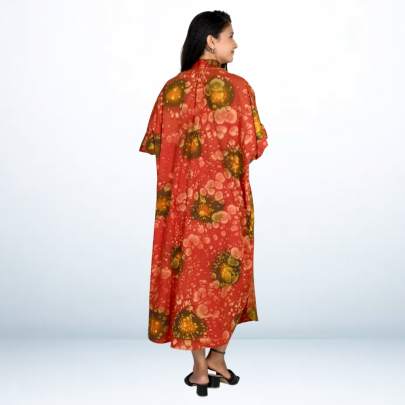Brown Hand Spray Printed Long Free Size Kaftan Dress