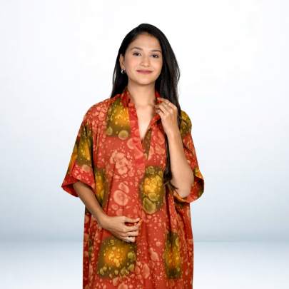 Brown Hand Spray Printed Long Free Size Kaftan Dress