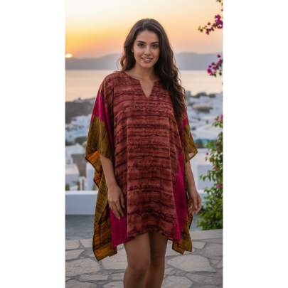Brown & Pink Hand Tie Dye Printed Kaftan Dress