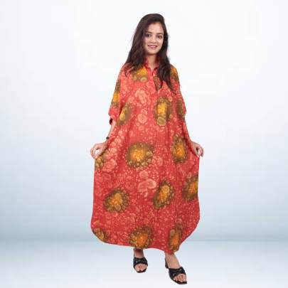 Brown Rain Drop Printed Long Kaftan Dress