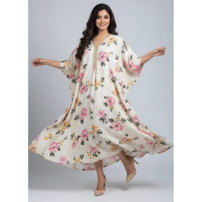 Cream Floral Embroidered Kaftan Long Dress