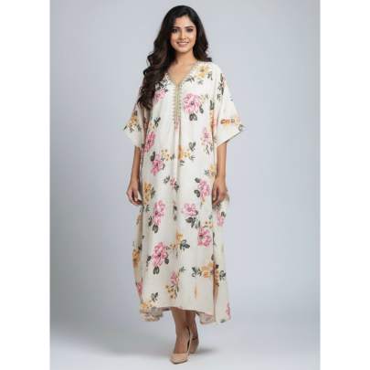 Cream Floral Embroidered Kaftan Long Dress