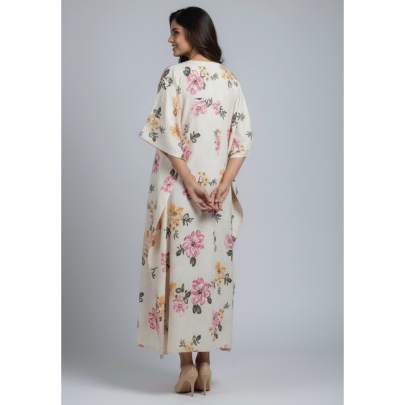 Cream Floral Embroidered Kaftan Long Dress