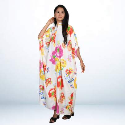Cream Floral Printed Long Kaftan Caftan