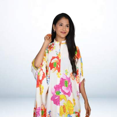 Cream Floral Printed Long Kaftan Caftan
