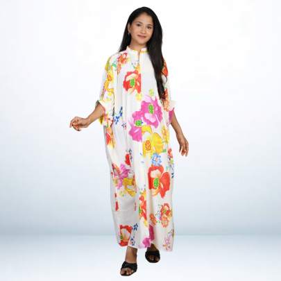 Cream Floral Printed Long Kaftan Caftan