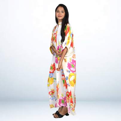 Cream Floral Printed Long Kaftan Caftan