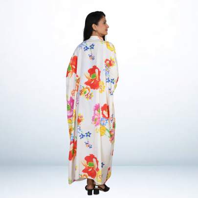 Cream Floral Printed Long Kaftan Caftan