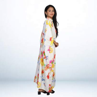 Cream Floral Printed Long Kaftan Caftan