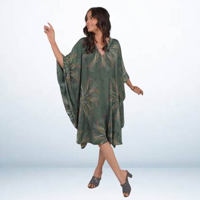 Dark Green Sparkle Printed Short Kaftan Caftan