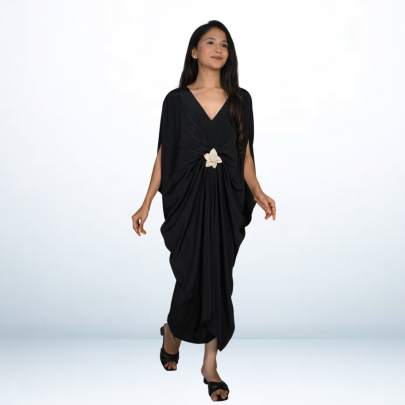 Designer Gathered Long Kaftan with Broach