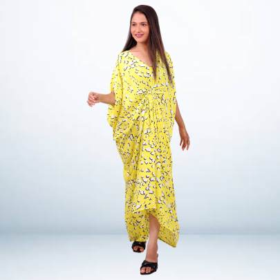 Designer Yellow Printed Long Kaftan Dress