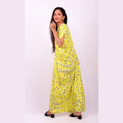 Designer Yellow Printed Long Kaftan Dress