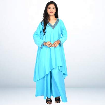 Elegant Hand Work Sky Blue Kaftan Style Kurta Pant Set