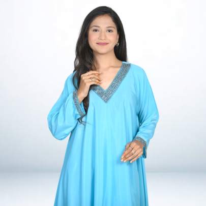 Elegant Hand Work Sky Blue Kaftan Style Kurta Pant Set