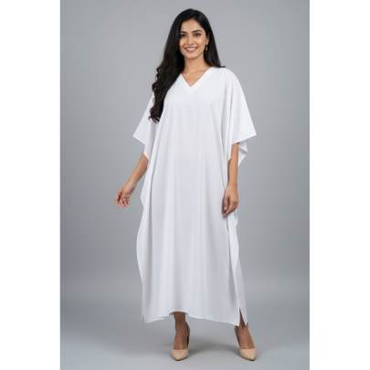 Elegant White Rayon Kaftan Dress | Free Size