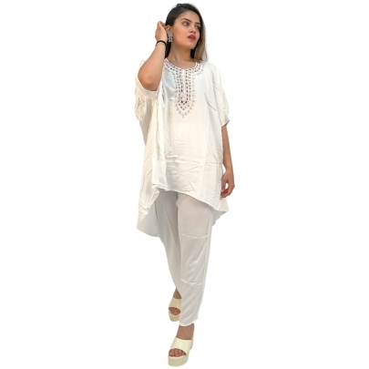Embellished High Low Style Kaftan Pant White