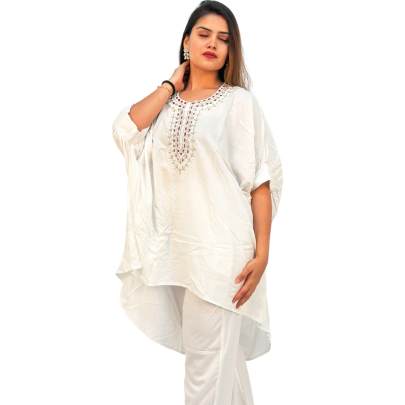 Embellished High Low Style Kaftan Pant White