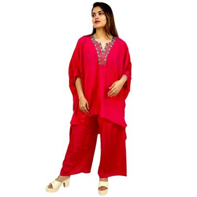 Embellished Neck Hot Pink Kaftan Pant Set