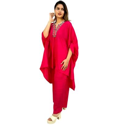Embellished Neck Hot Pink Kaftan Pant Set