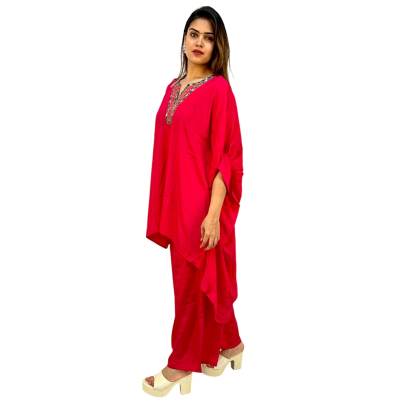 Embellished Neck Hot Pink Kaftan Pant Set