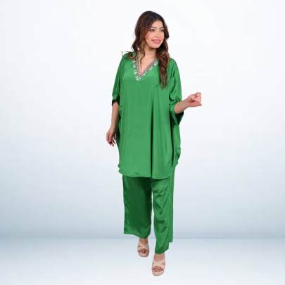 Emerald Green Embellished Kaftan Pant Set 