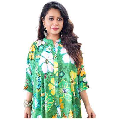 Floral Print Collar Neck Kaftan  Green