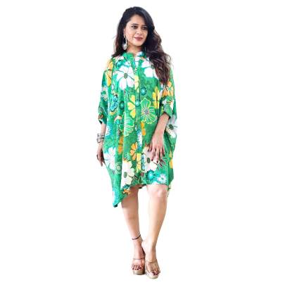 Floral Print Collar Neck Kaftan  Green