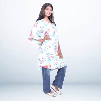 Floral Print Light Blue Short Kaftan Tunic