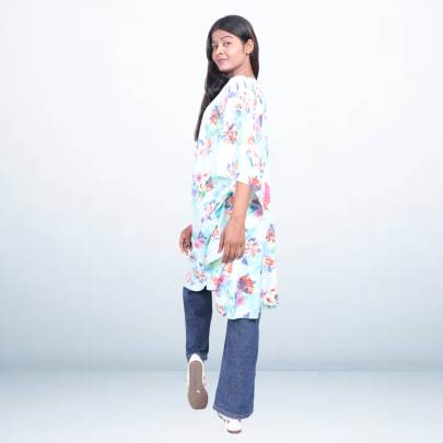 Floral Print Light Blue Short Kaftan Tunic