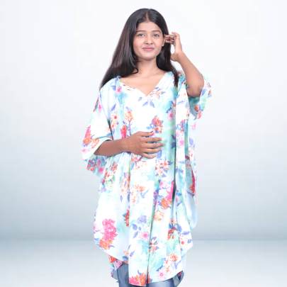 Floral Print Light Blue Short Kaftan Tunic