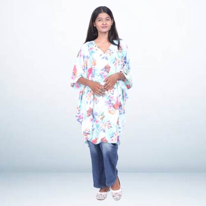 Floral Print Light Blue Short Kaftan Tunic