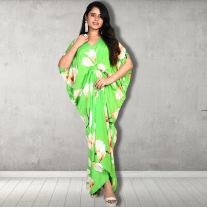 Floral Print Long Ring Kaftan Dress Black